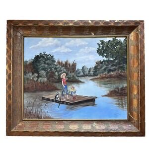VTG Original Lahoma Herron Oil Painting 25x21 Inch Canvas Bayou Boys Raft Texas